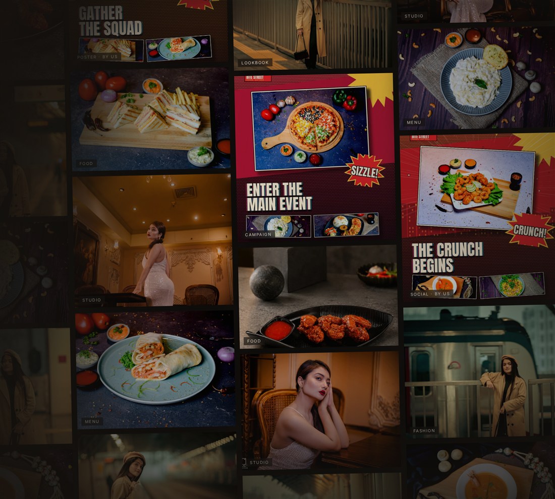 Collage of Reacho shoots — food, fashion, studio and social posts